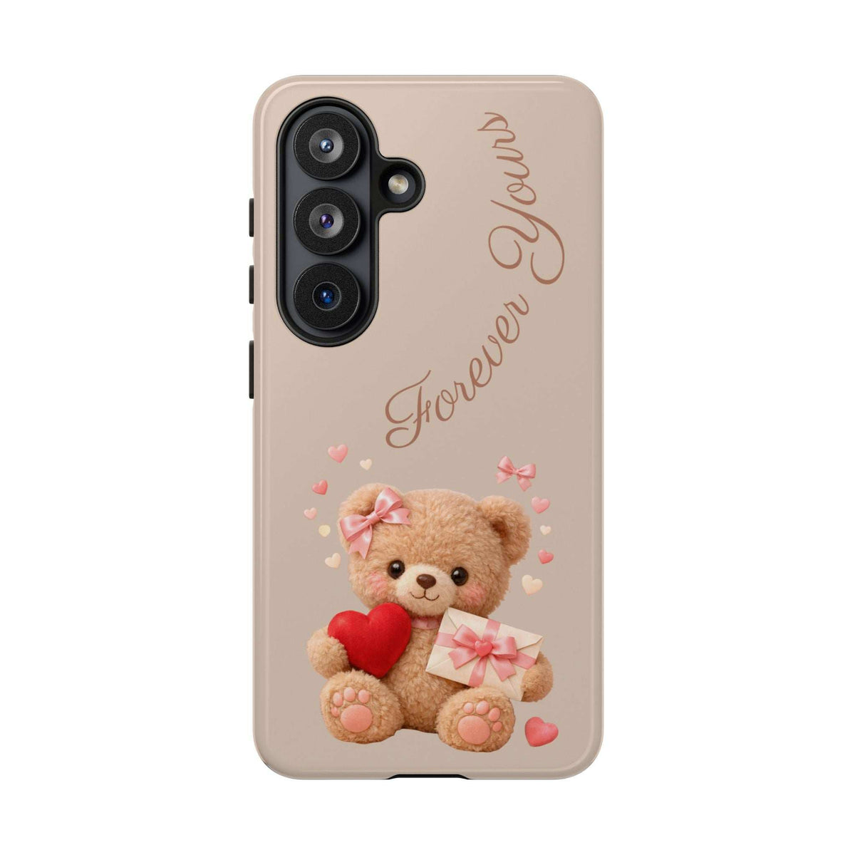 Beige phone case front view with teddy bear, red heart, and triple camera cutout