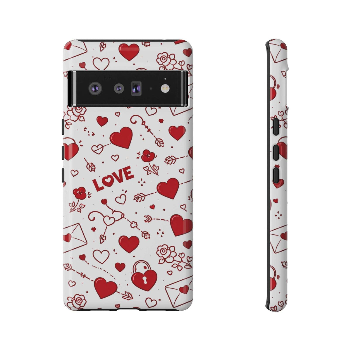 White phone case with red heart doodles and LOVE pattern; side buttons visible