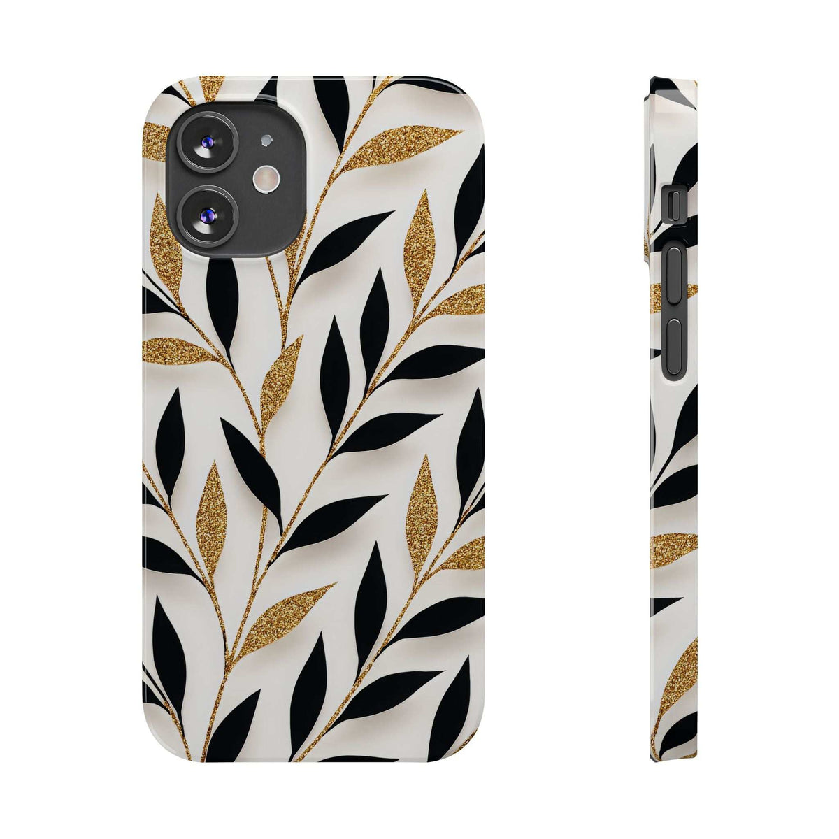 White botanical phone case with black leaf design and gold speckled accents; side profile view.