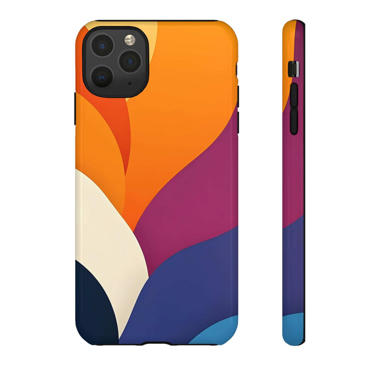 Abstract design phone case featuring orange and magenta curves with navy lower section.