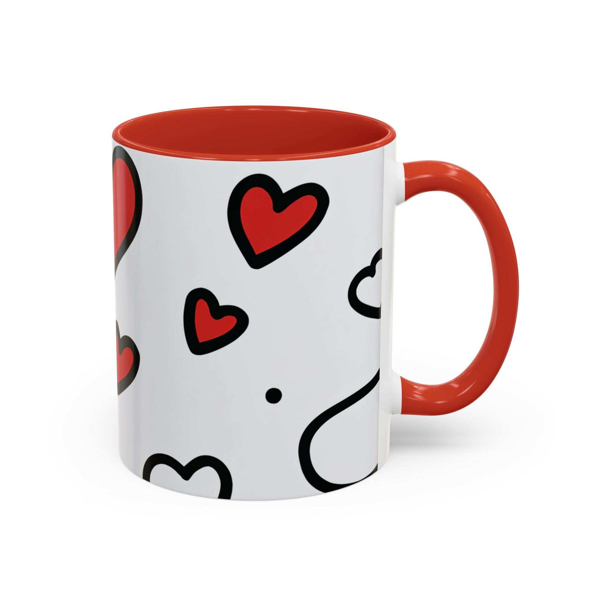 White accent coffee mug with orange rim and handle, red hearts and black smile face design