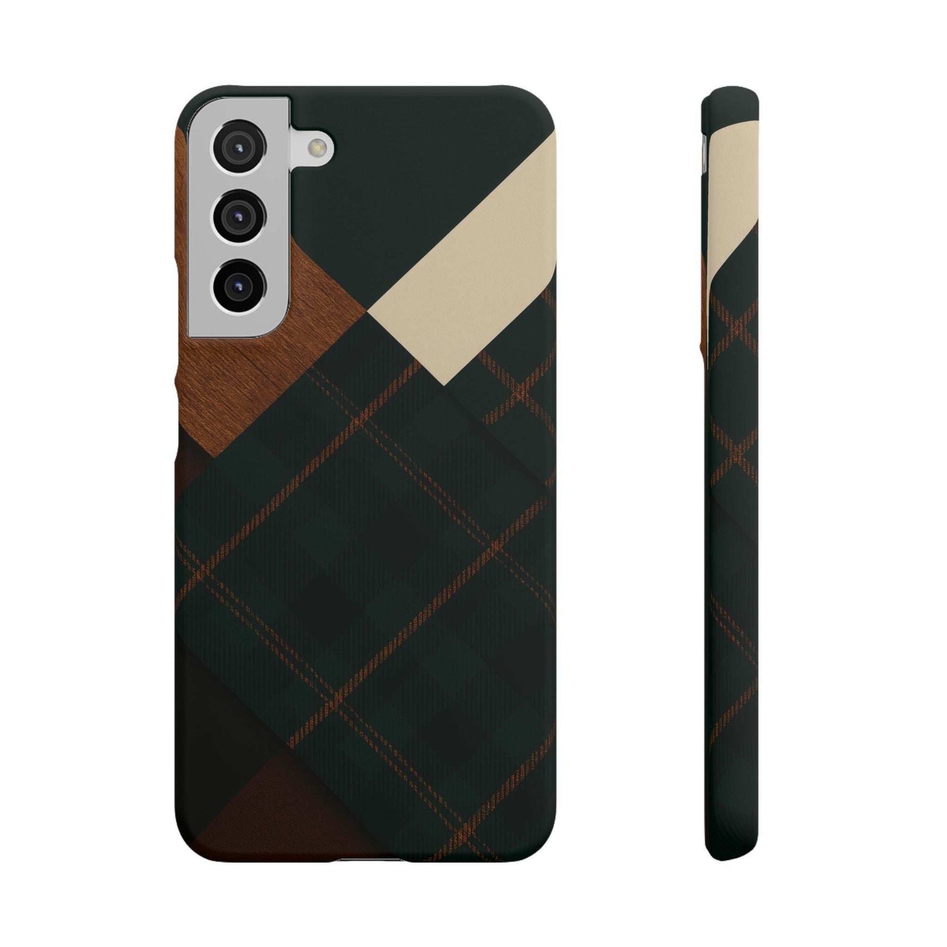 Rustic green phone case with wood panel accents and tartan plaid design