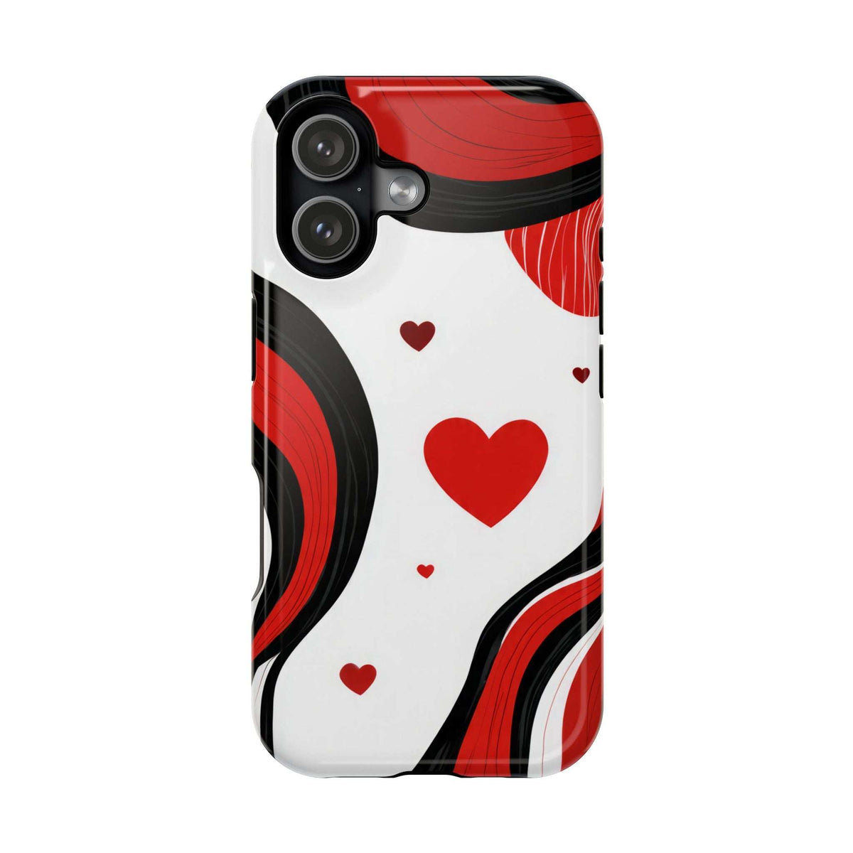 Glossy phone case with red hearts and black/red swirl design on white, triple camera cutout