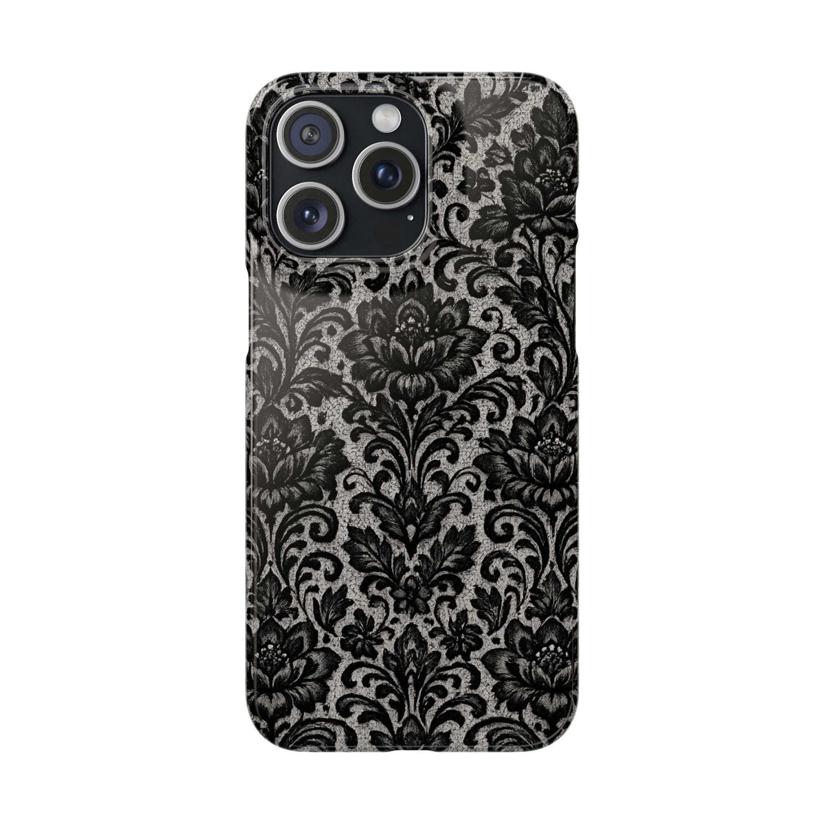 Black damask floral phone case with four-lens camera cutout and access openings