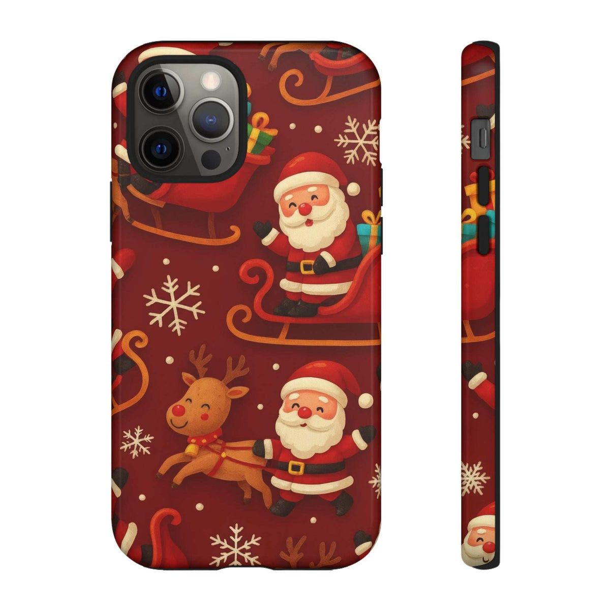 Glossy red Santa and reindeer sleigh phone case with snowflake and swirl holiday pattern.