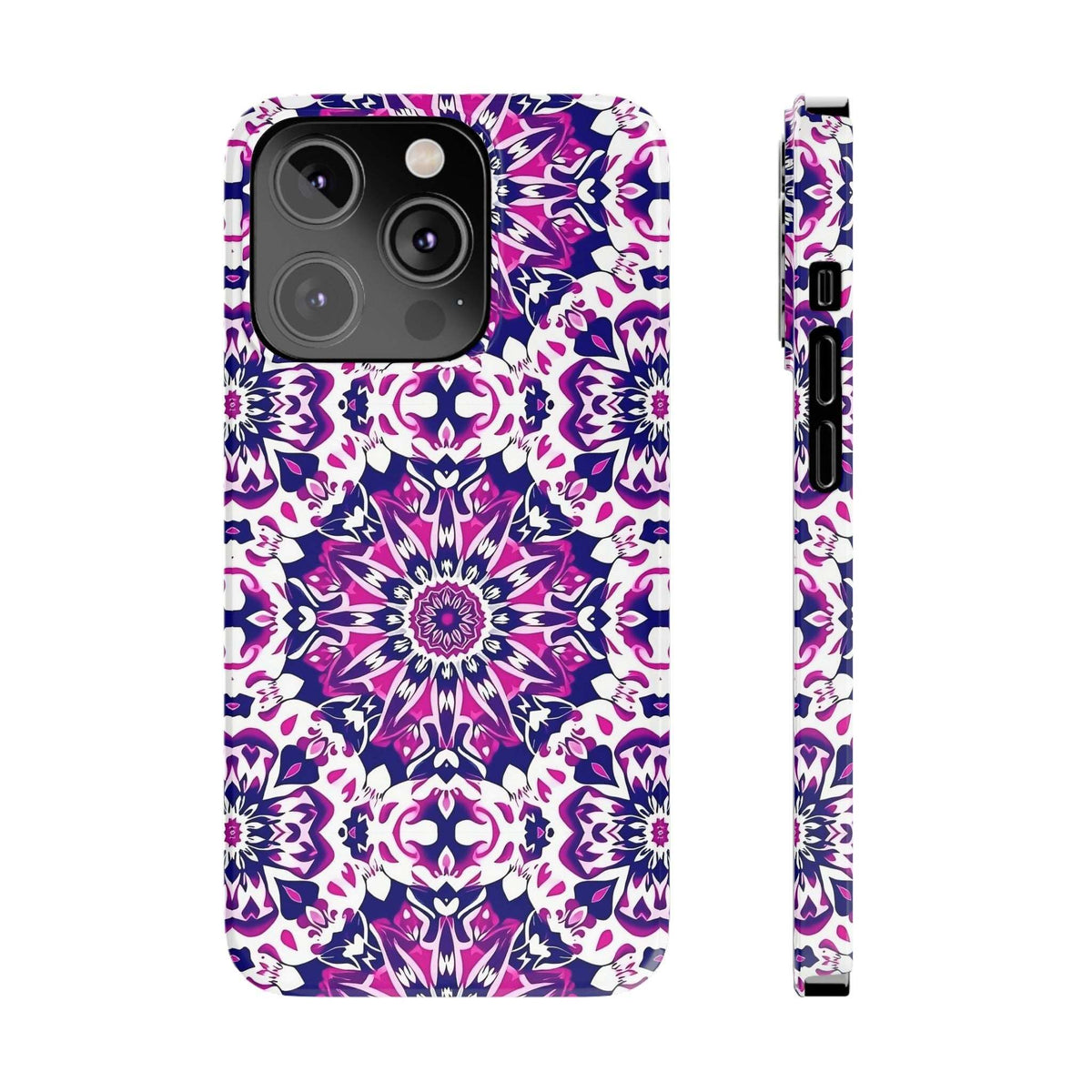 Purple and white mandala phone case, front with camera array cutouts and side view