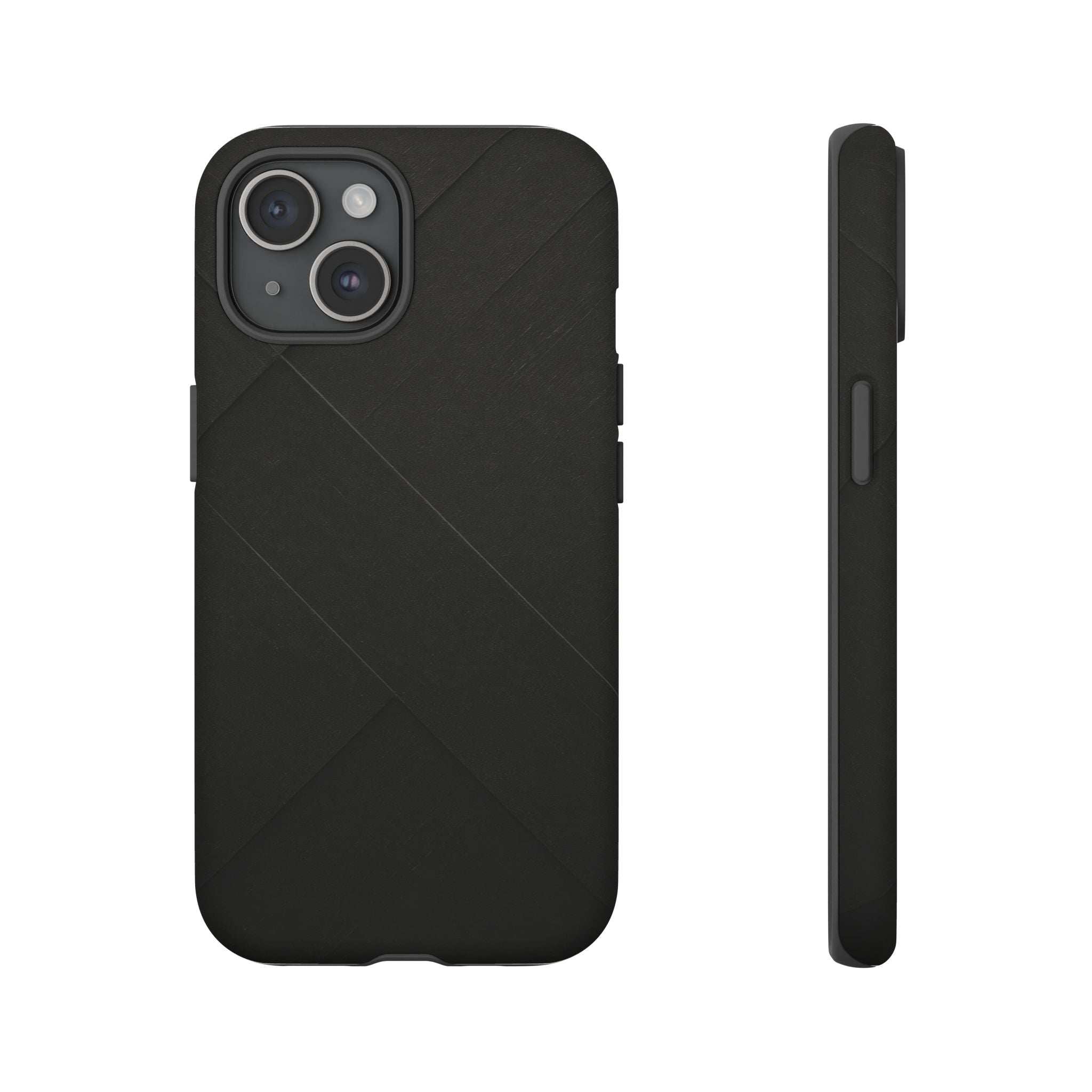 Matte black phone case with diagonal pattern, camera cutouts, and side buttons