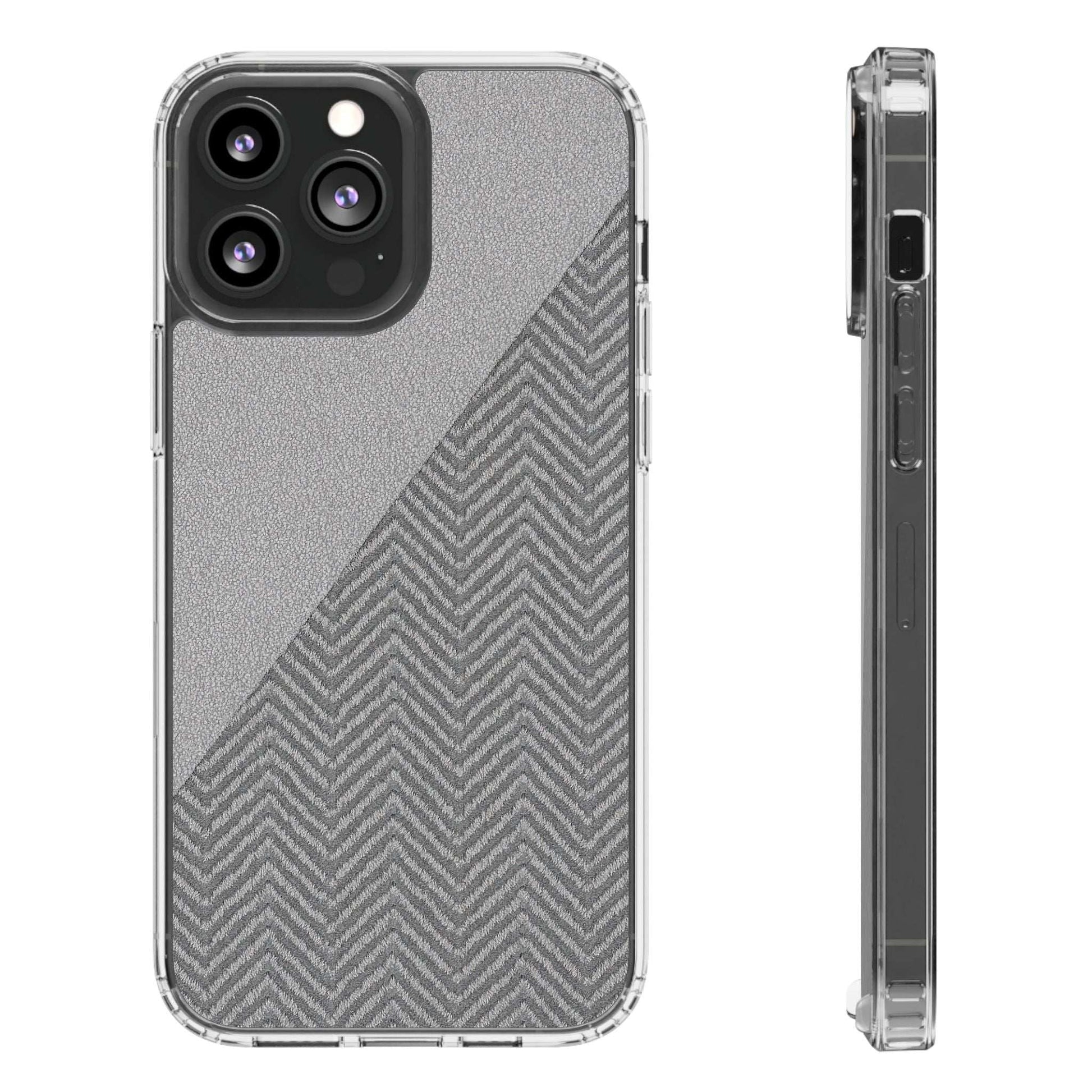 Dark herringbone tough phone case with speckled gray back and clear protective edges