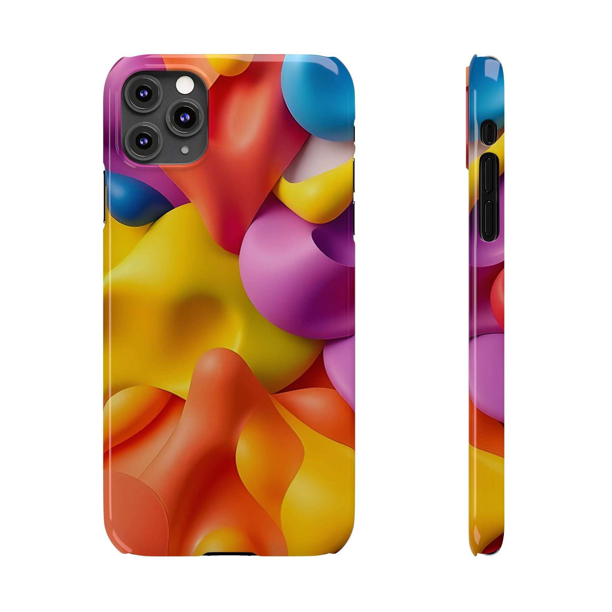Phone case with vibrant abstract multicolor design and side view of edges