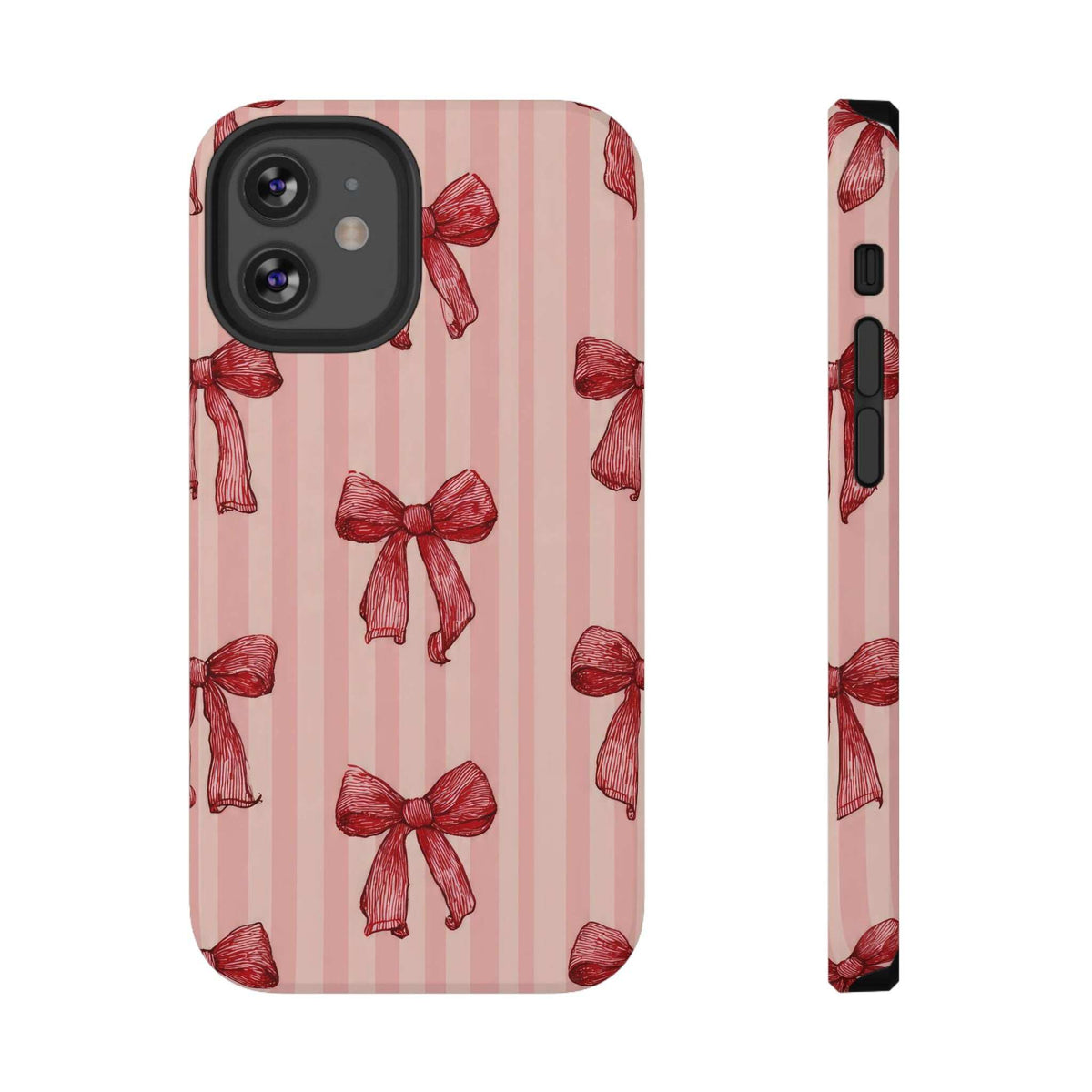 Pink striped phone case with red bow pattern; black camera cutout and side profile