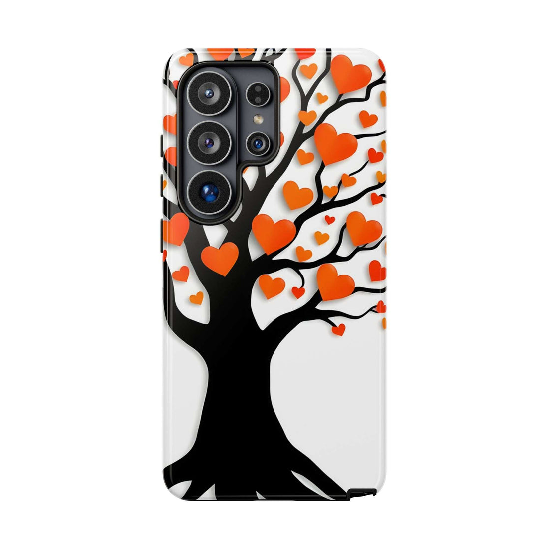 Phone case with black tree and orange heart pattern on white, with camera cutouts