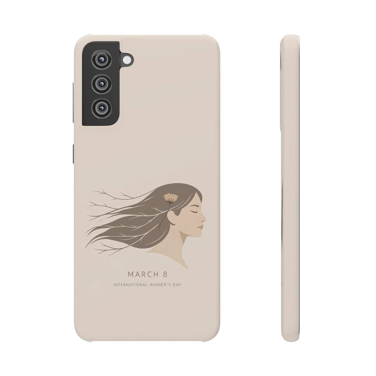 Beige phone case back with woman profile graphic, flower detail, and “MARCH 8” text; camera cutouts.