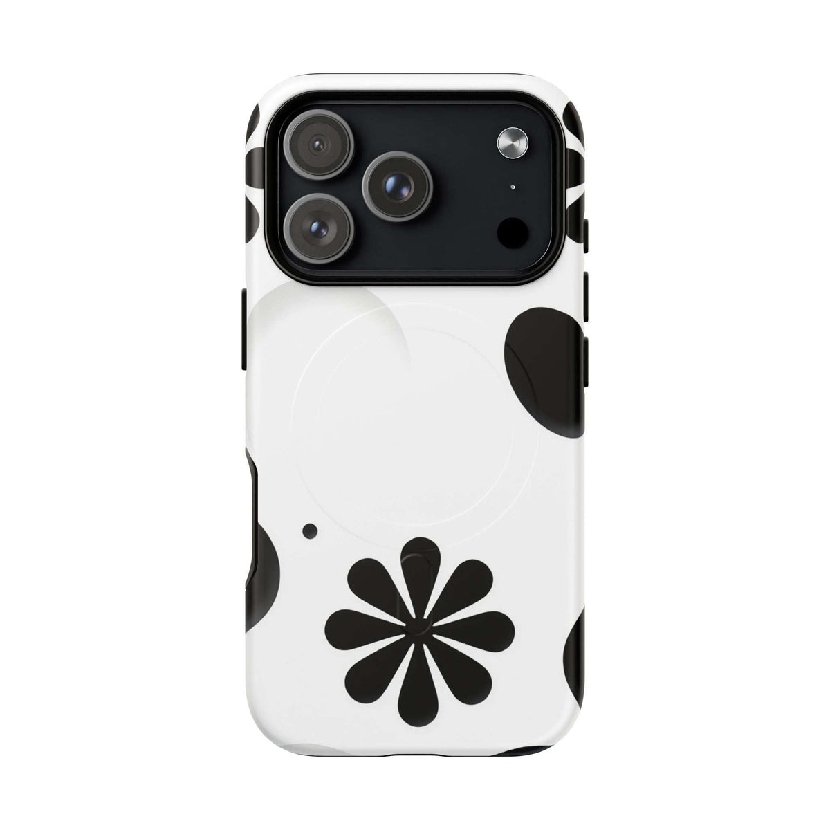 Phone case with black flower design on white, dark camera module and side cutouts