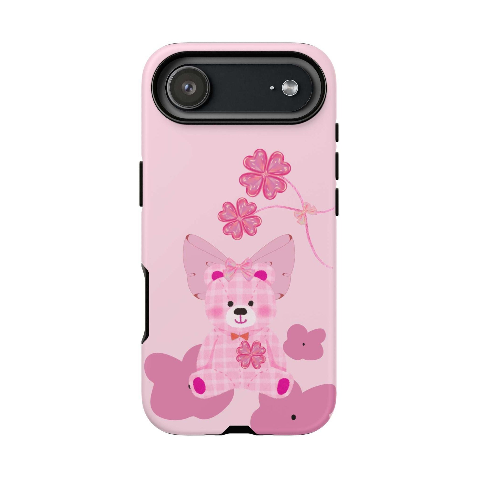 Pink teddy bear phone case with bow and flower graphics, dual camera cutout