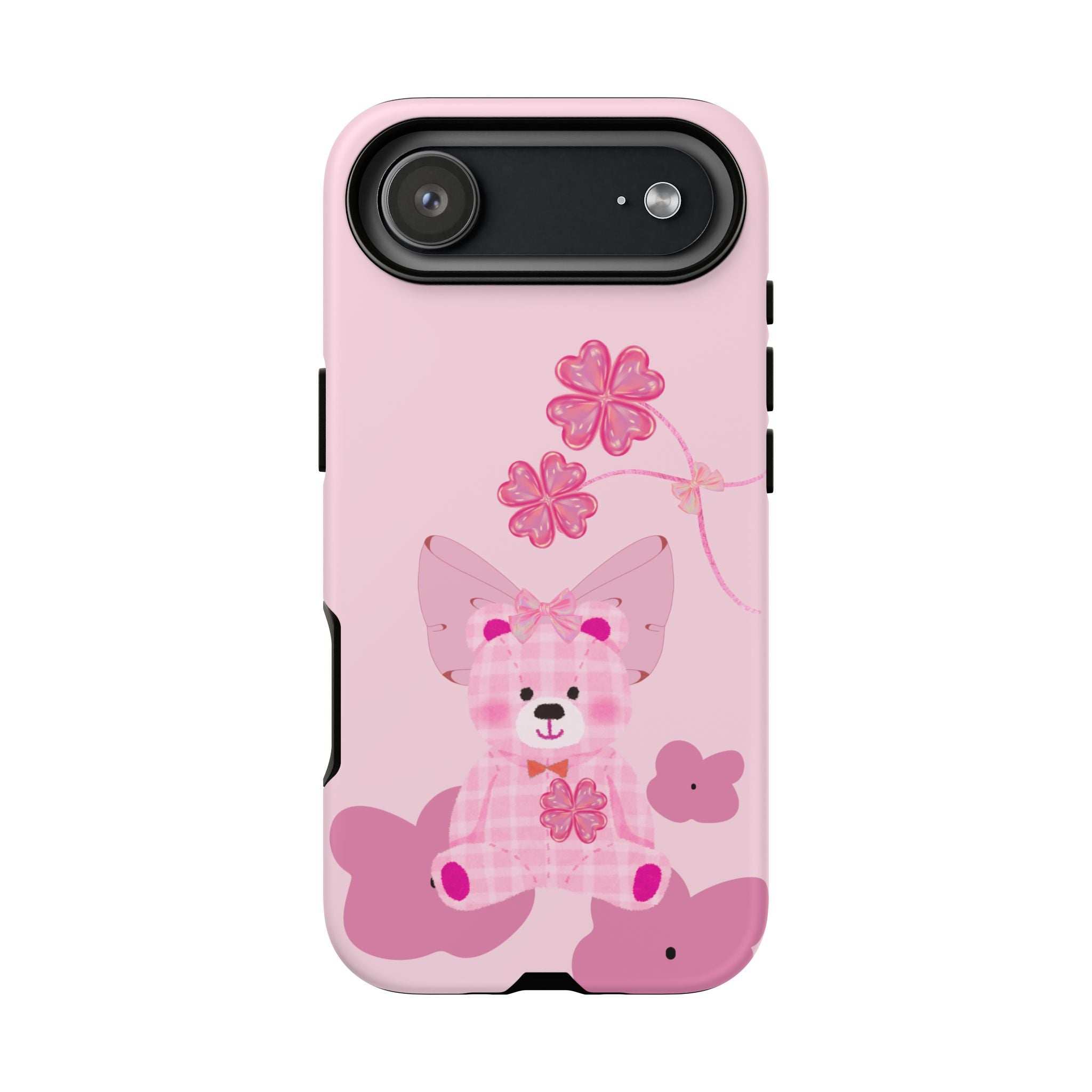 Pink teddy bear phone case with bow and flower graphics, dual camera cutout