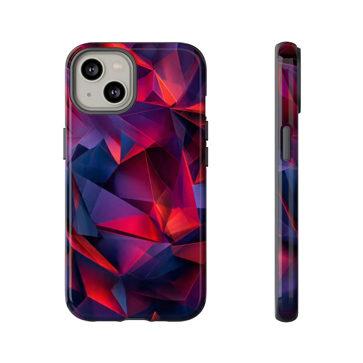 Glossy phone case with geometric prism pattern in red, blue, and dark tones