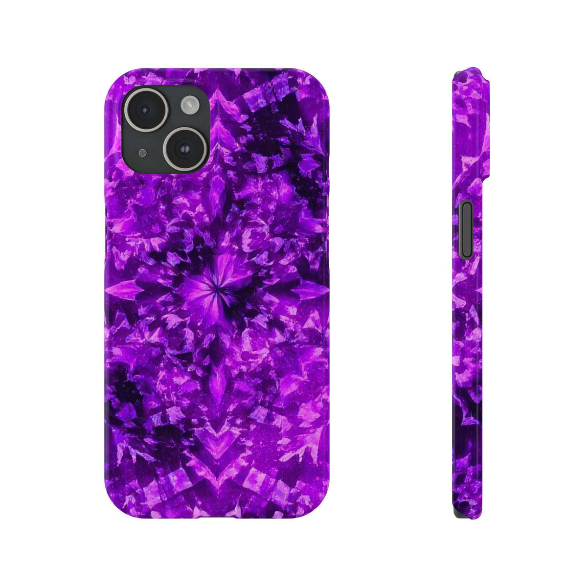 Purple kaleidoscope phone case with starburst center; camera cluster on back panel