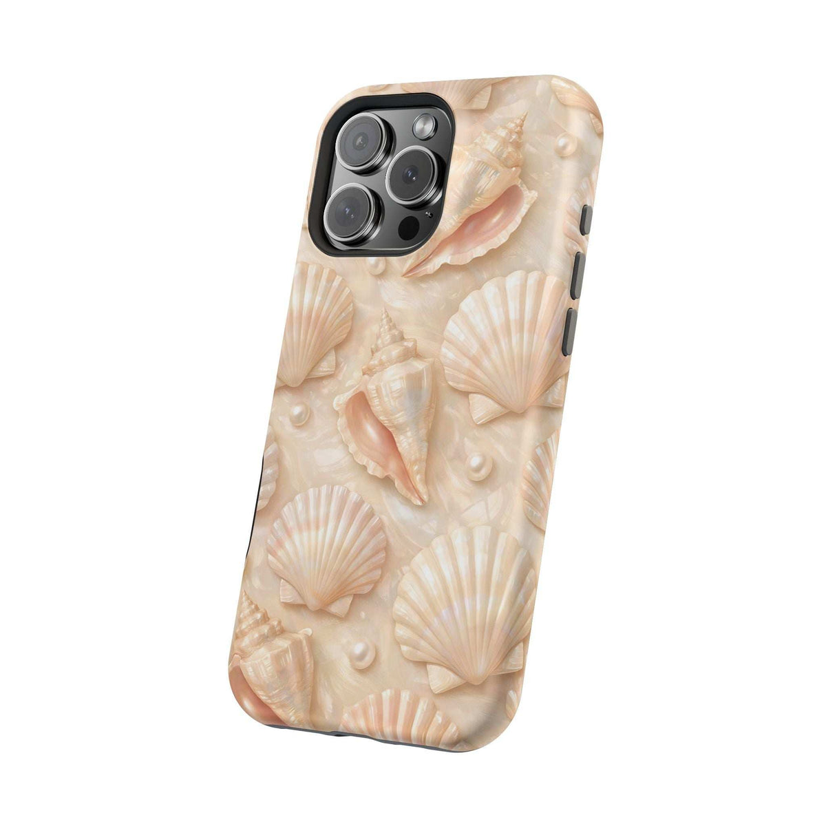 Seashell phone case with raised shell pattern, light beige