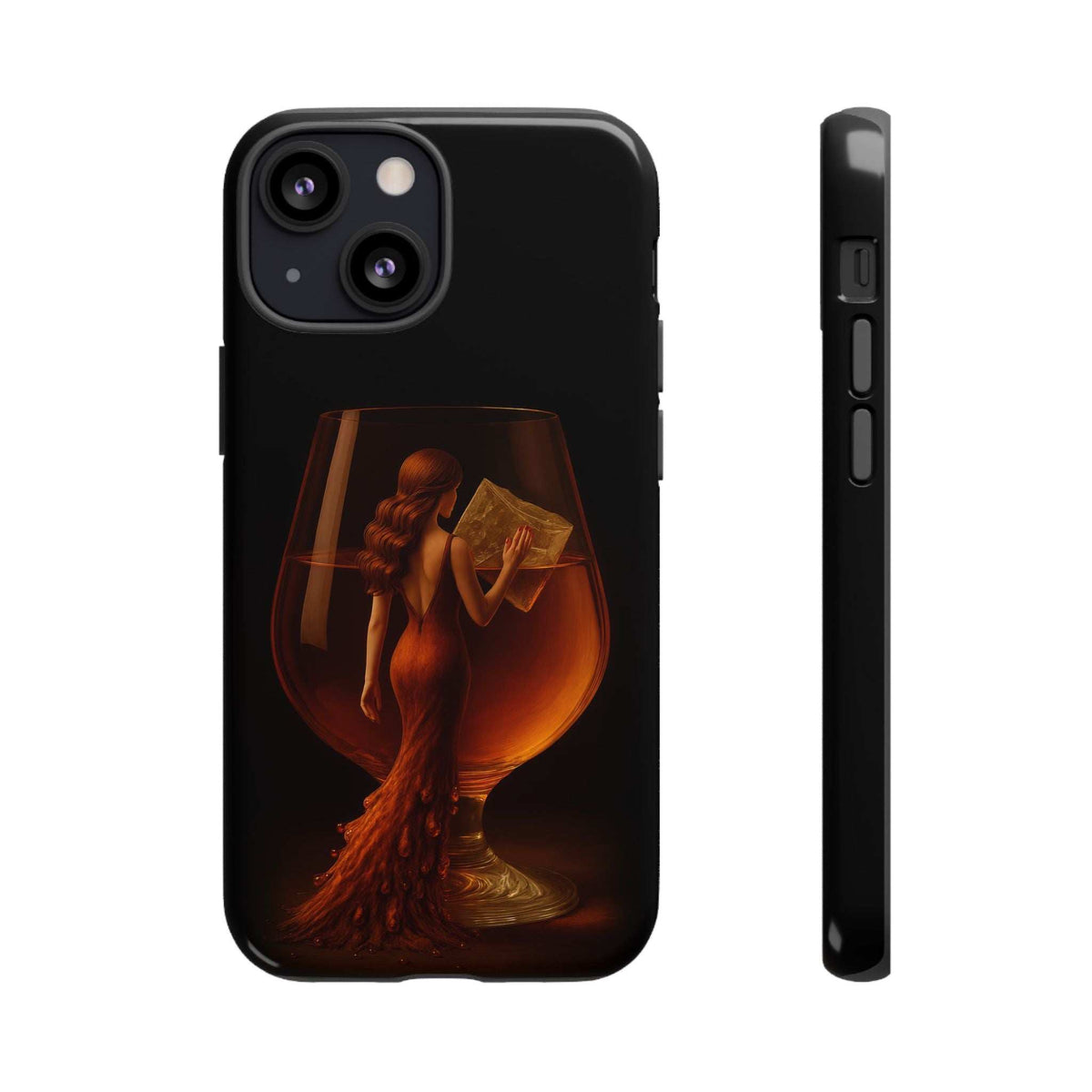 Glossy black phone case with figure and goblet graphic; camera module and side controls