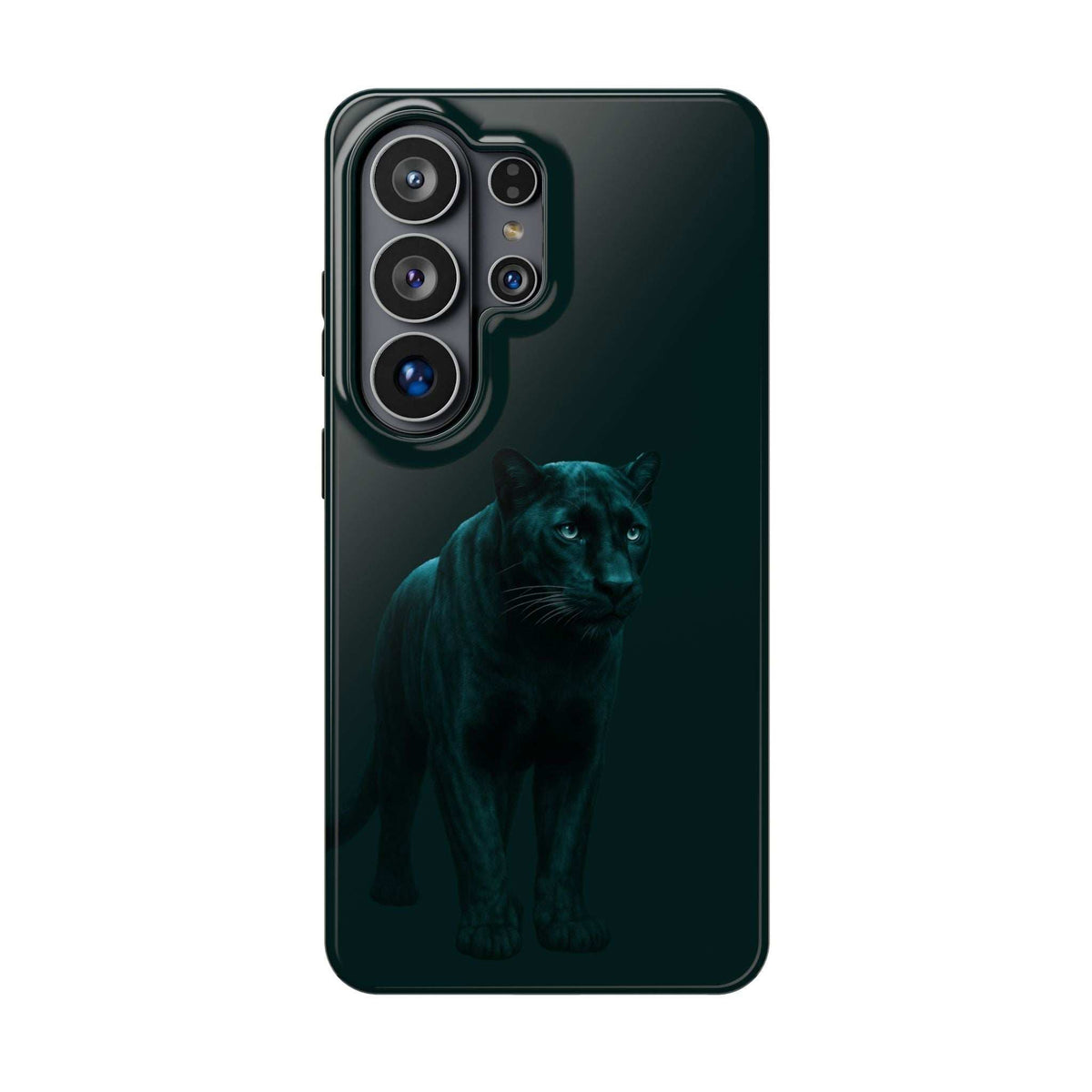 Dark glossy phone case with full panther graphic and raised camera lens covers