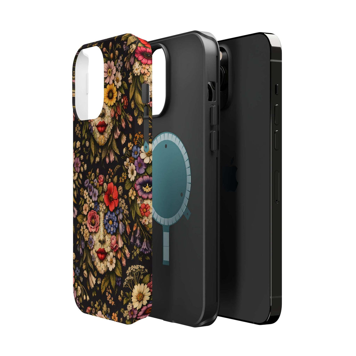 Vintage floral face phone case with dark background; close side view of ports