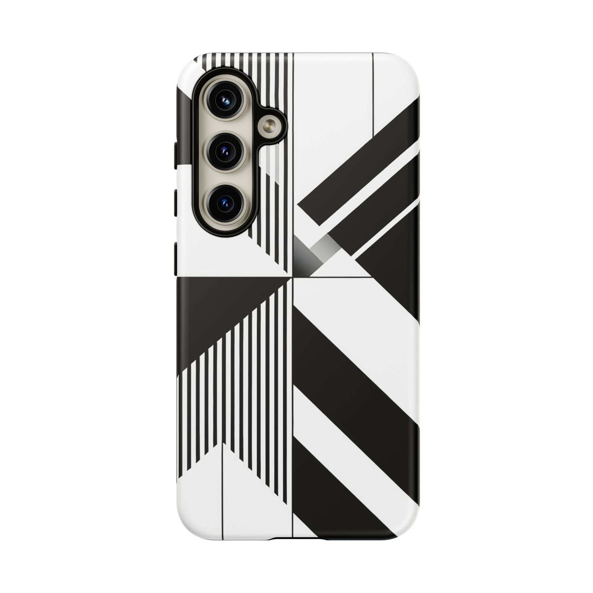 Tough phone case with black-and-white geometric stripes and close-up rear camera cutout