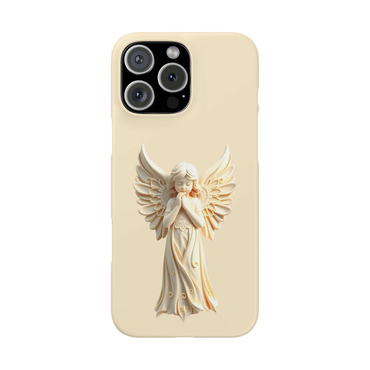 Beige phone case with angel graphic and four-lens camera cutout