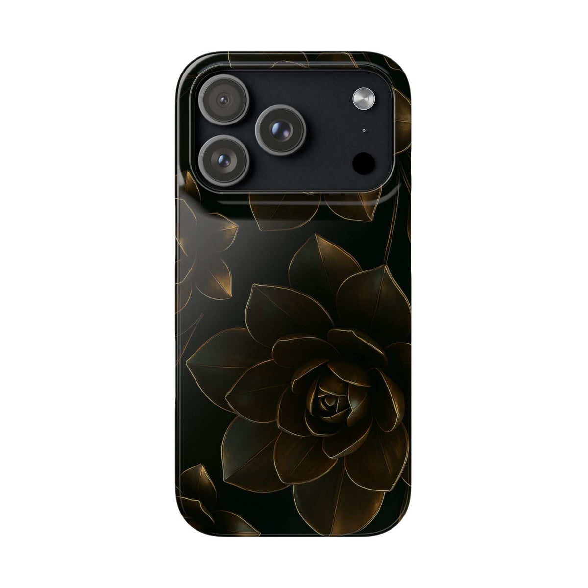 Glossy metal flower phone case with gold rose artwork on dark base, triple camera and flash cutouts
