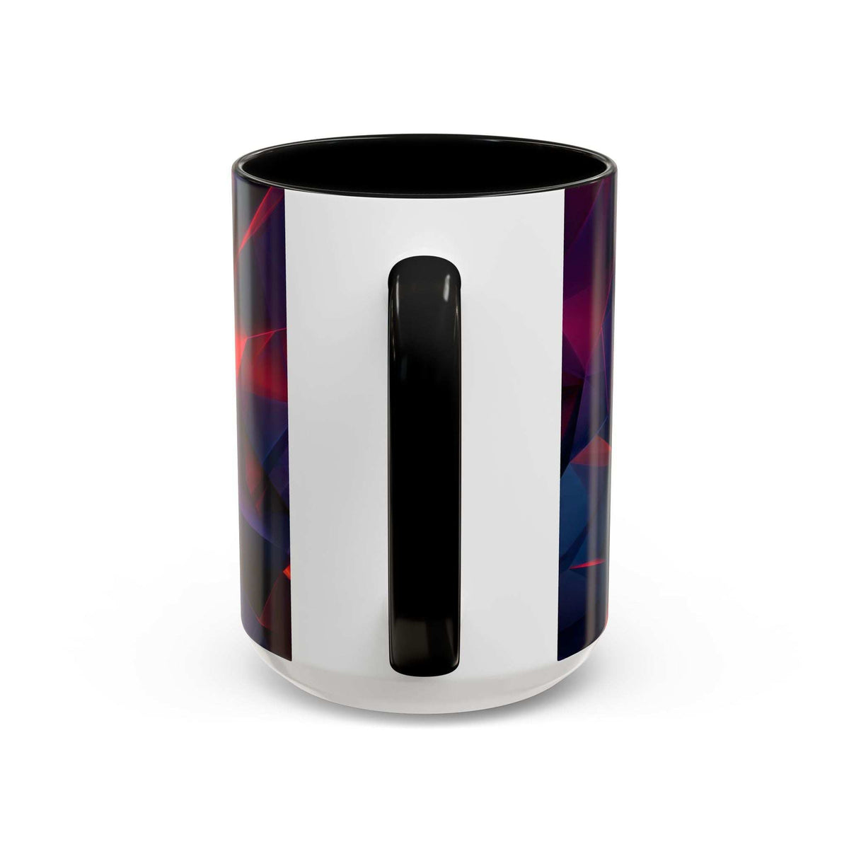Ceramic mug with black rim and interior, abstract red and blue pattern with tall black bar.