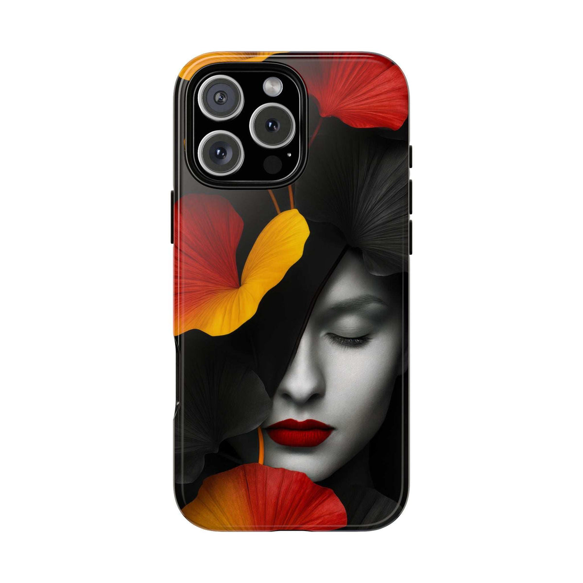 Glossy phone case with red yellow flower petals and woman's face art, cutouts for camera