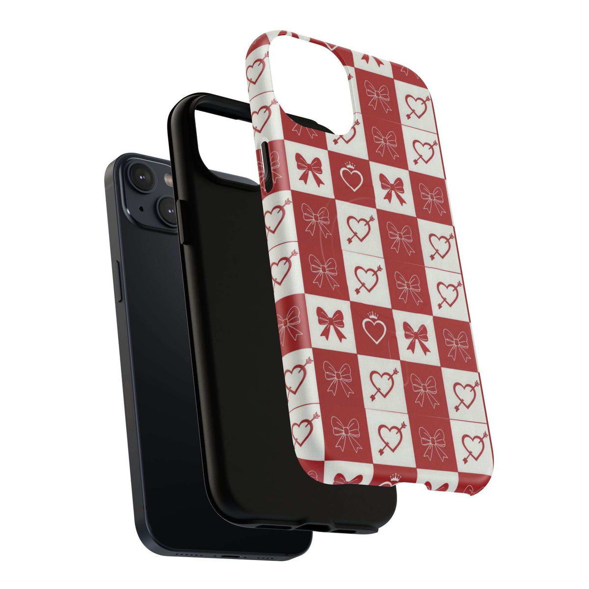 Red-and-white patterned phone case with checkered hearts and bows; side buttons visible.
