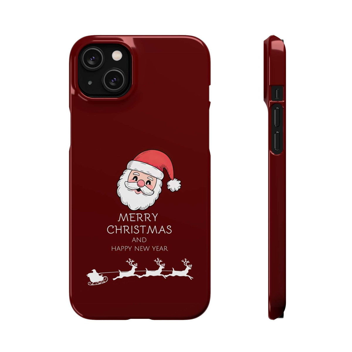 Glossy maroon phone case with Santa and Merry Christmas text; side profile shows side cutouts.