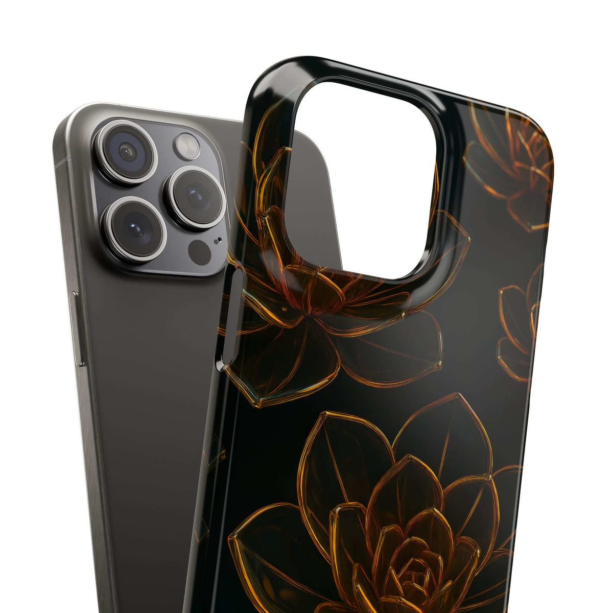 Glossy black glass phone case with amber flower line art and wide top cutout