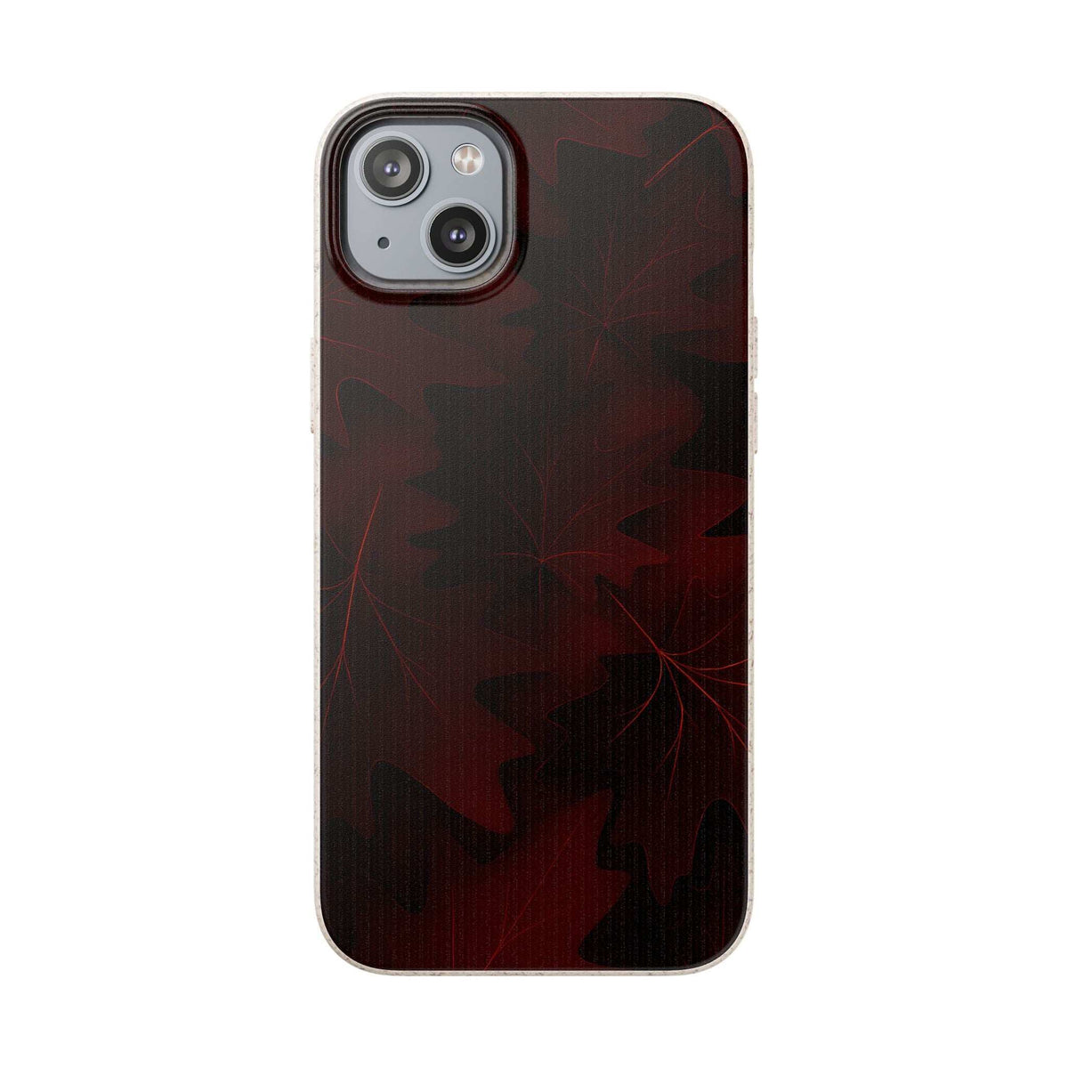 Dark maroon phone case with autumn leaf design and dual-lens camera opening