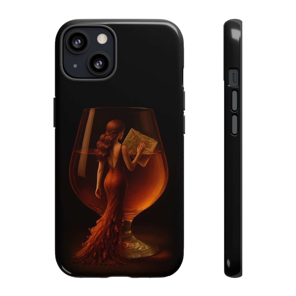 Glossy black phone case with figure and goblet artwork; slim profile side view