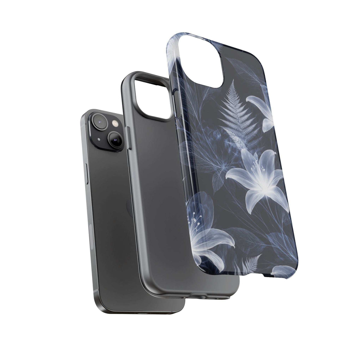 Transparent phone case with blue moonlight flowers, snug fit around camera module