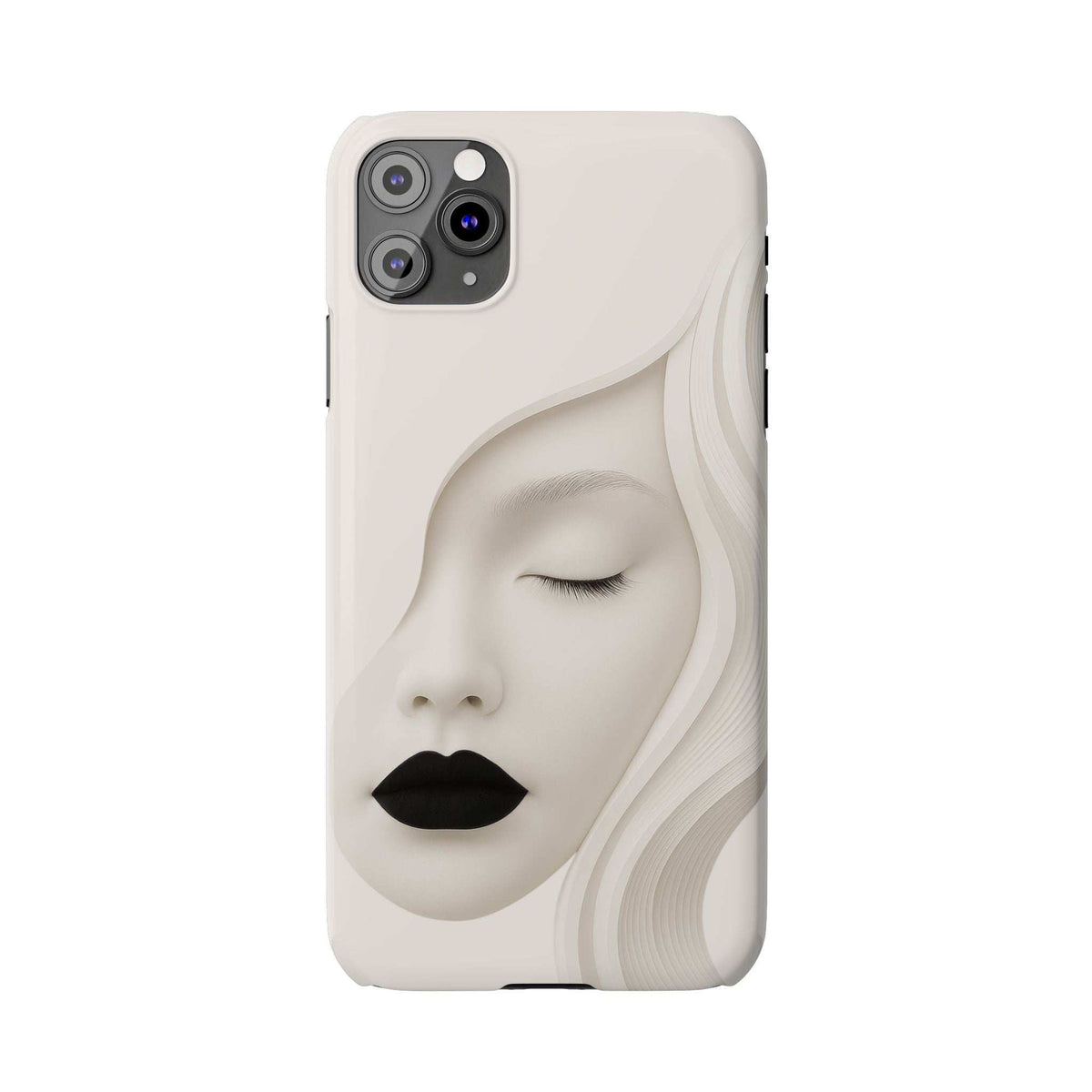 Minimalist face phone case for iPhone 11–17, beige with closed eyes and black lips, camera holes.
