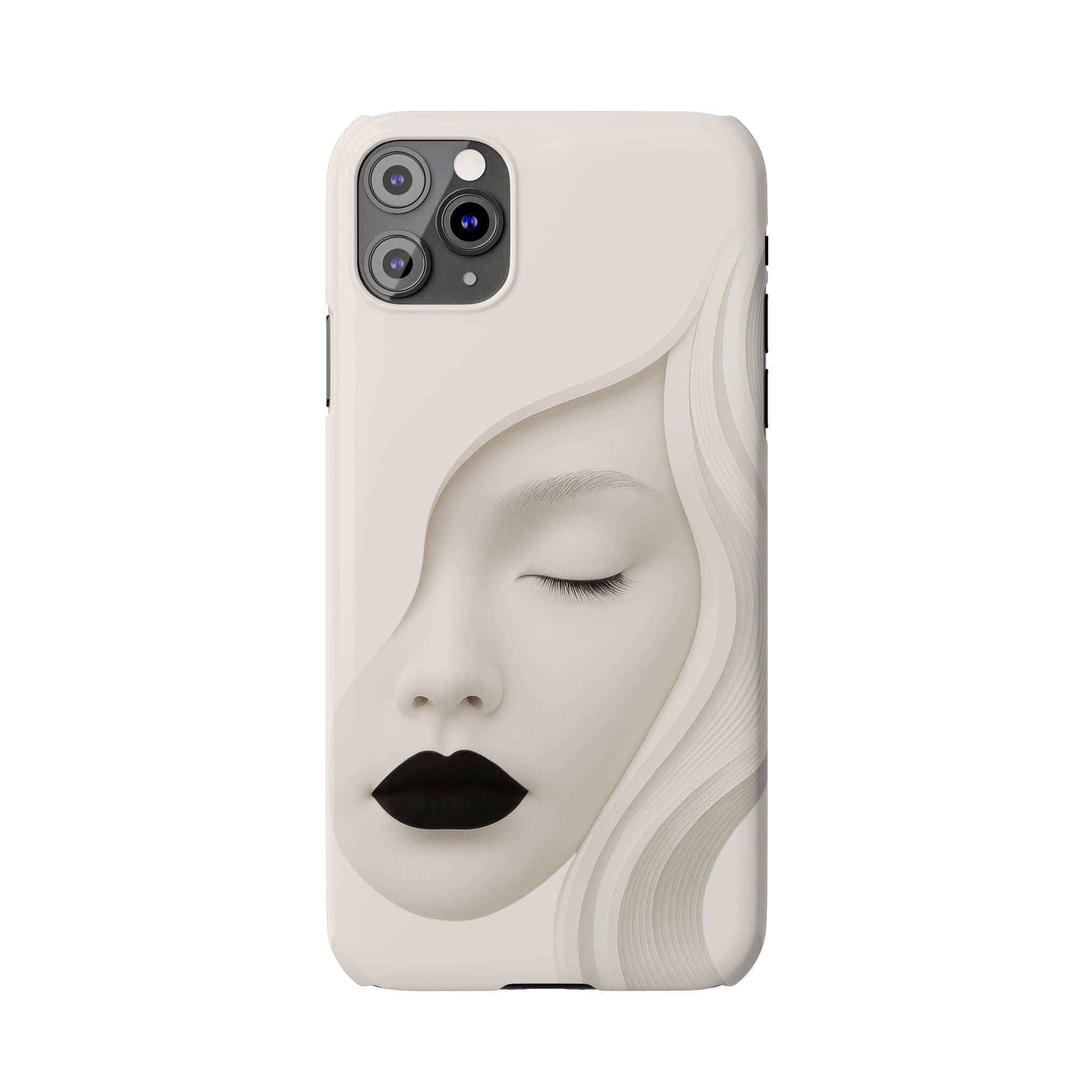 Minimalist face phone case for iPhone 11–17, beige with closed eyes and black lips, camera holes.