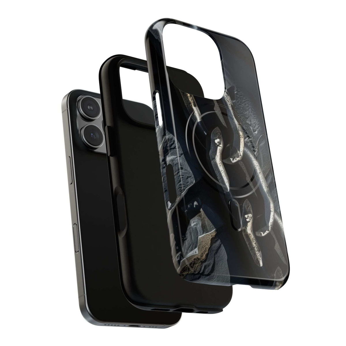Protective phone case with dark frame and transparent back cover; camera area and chain graphic shown.