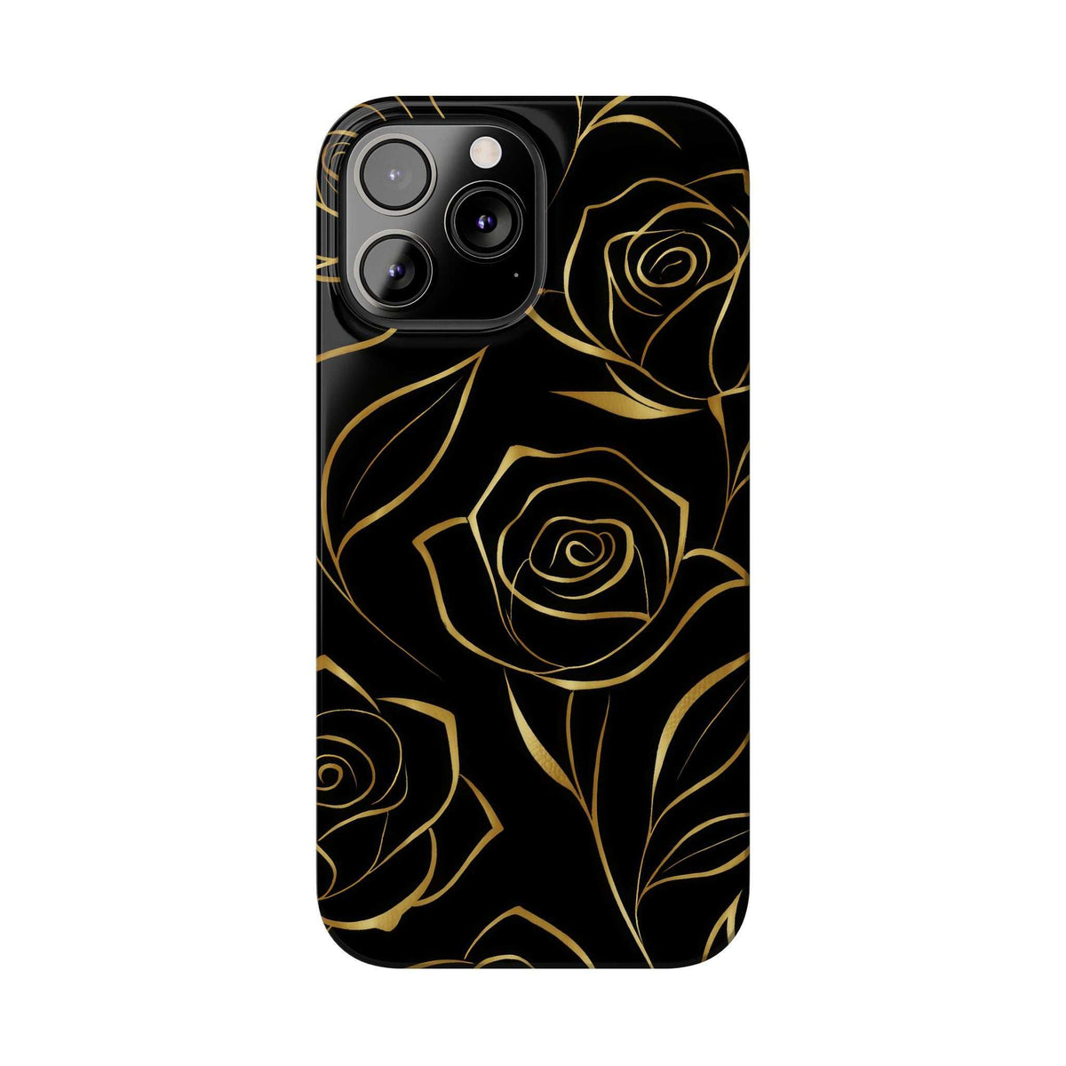 Black phone case with gold roses line art and camera bezel cutouts