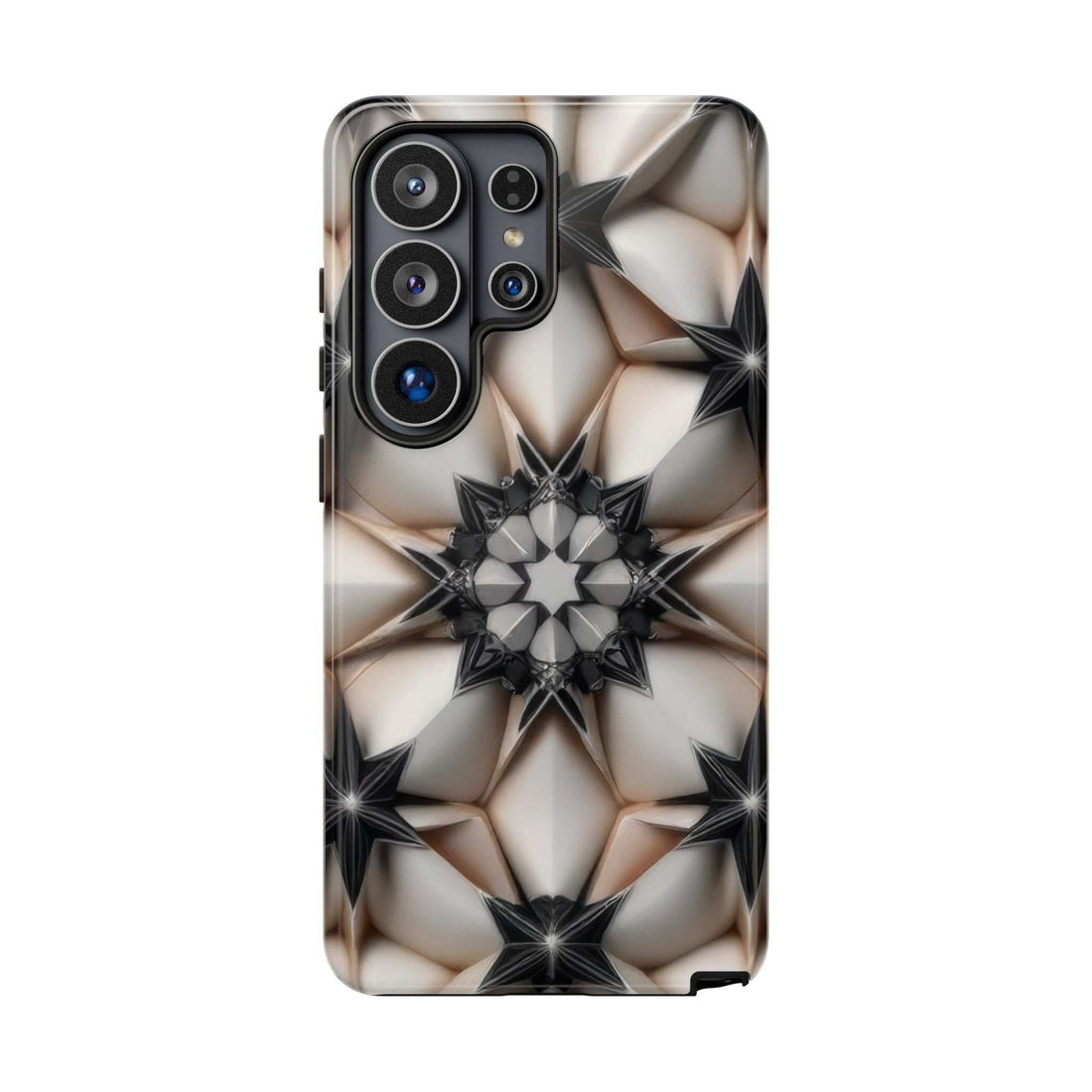 Tough phone case with glossy kaleidoscope star pattern in black and light beige