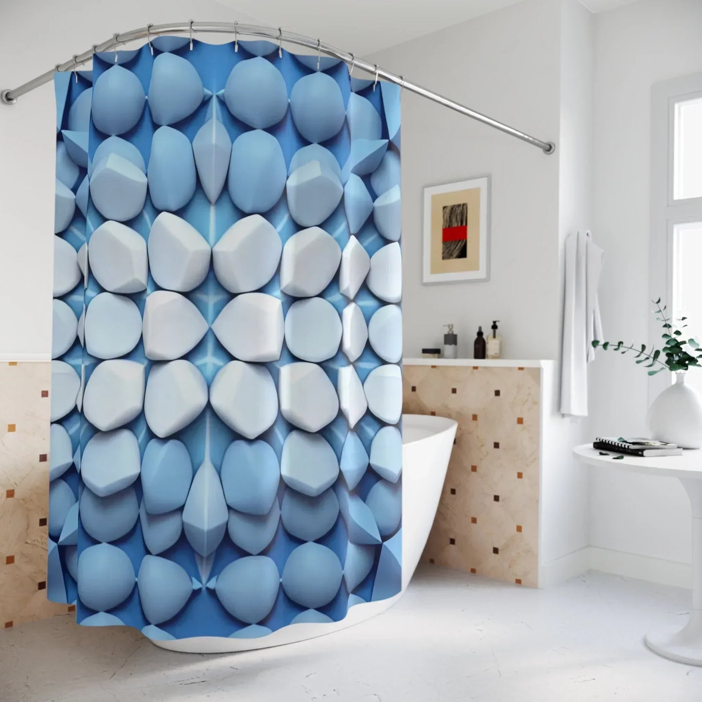 Blue & White 3D Geometric Shower Curtain – Modern Bathroom Accent - KarArmDesign