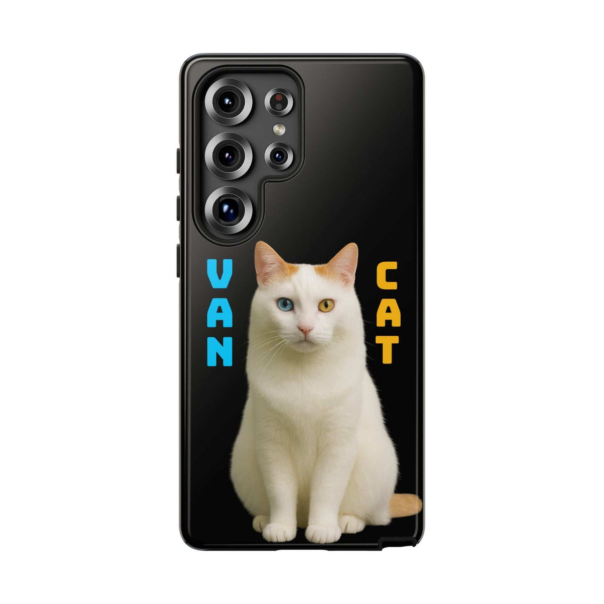 Glossy black phone case with white cat graphic and multi-lens camera cutouts (front view).