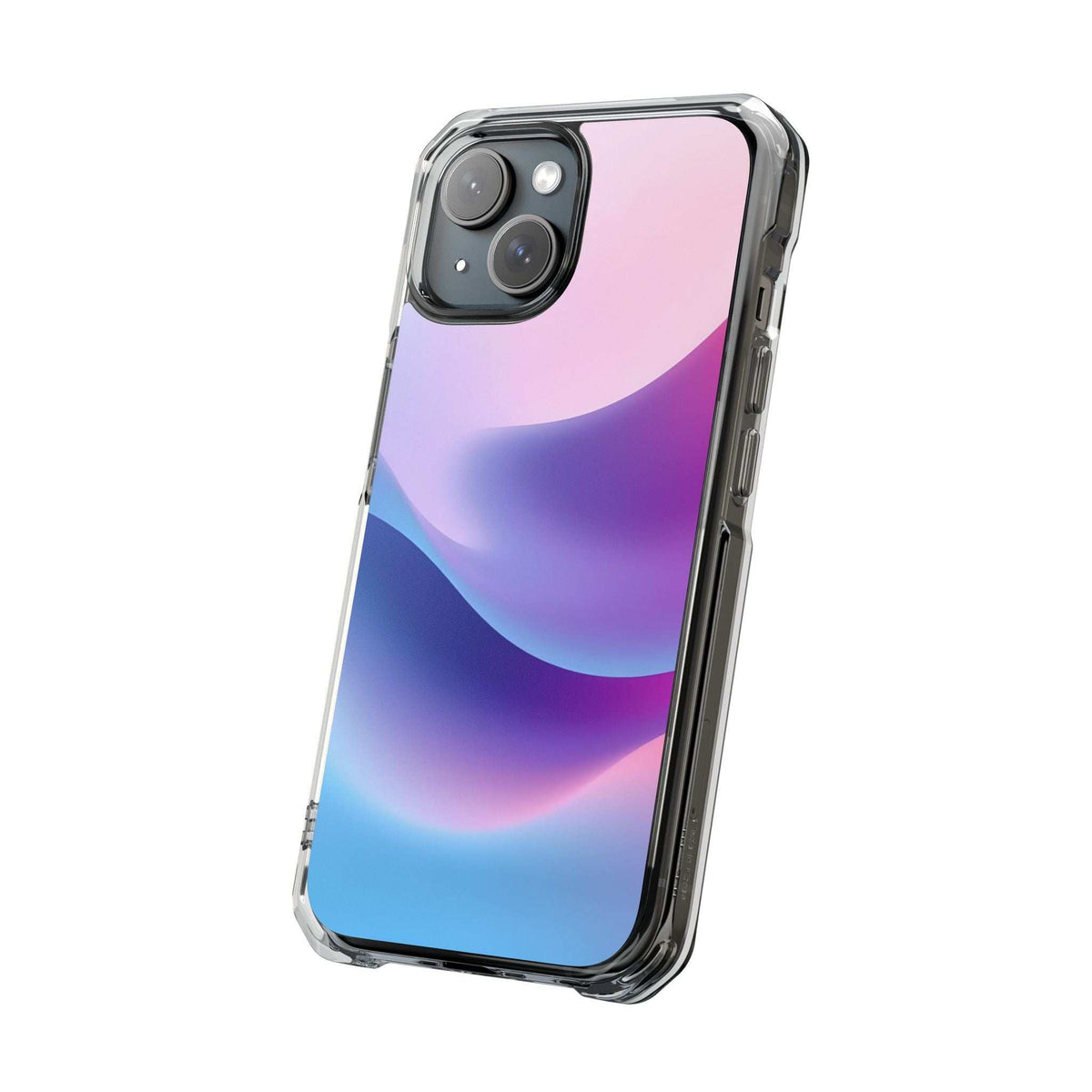 Pastel wave phone case with clear frame, slim profile, and purple-pink-blue wave art