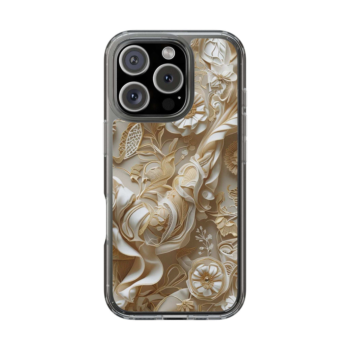 Clear phone case with gold and cream floral design, back view and camera cutouts