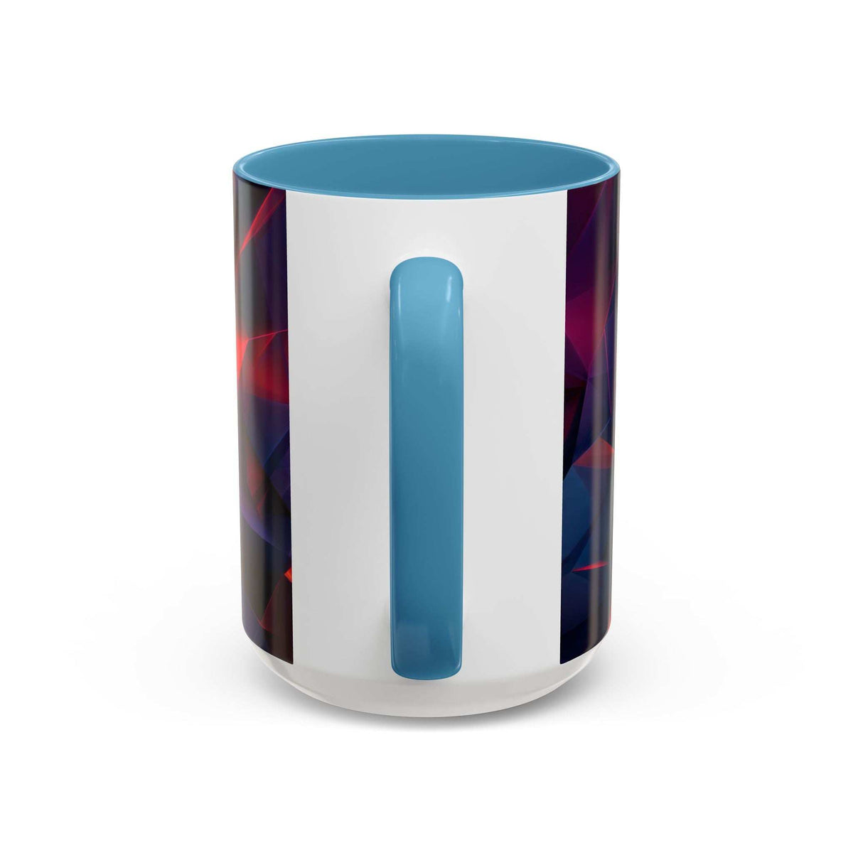 Ceramic mug with light blue rim and handle, white body with geometric print and light blue vertical stripe