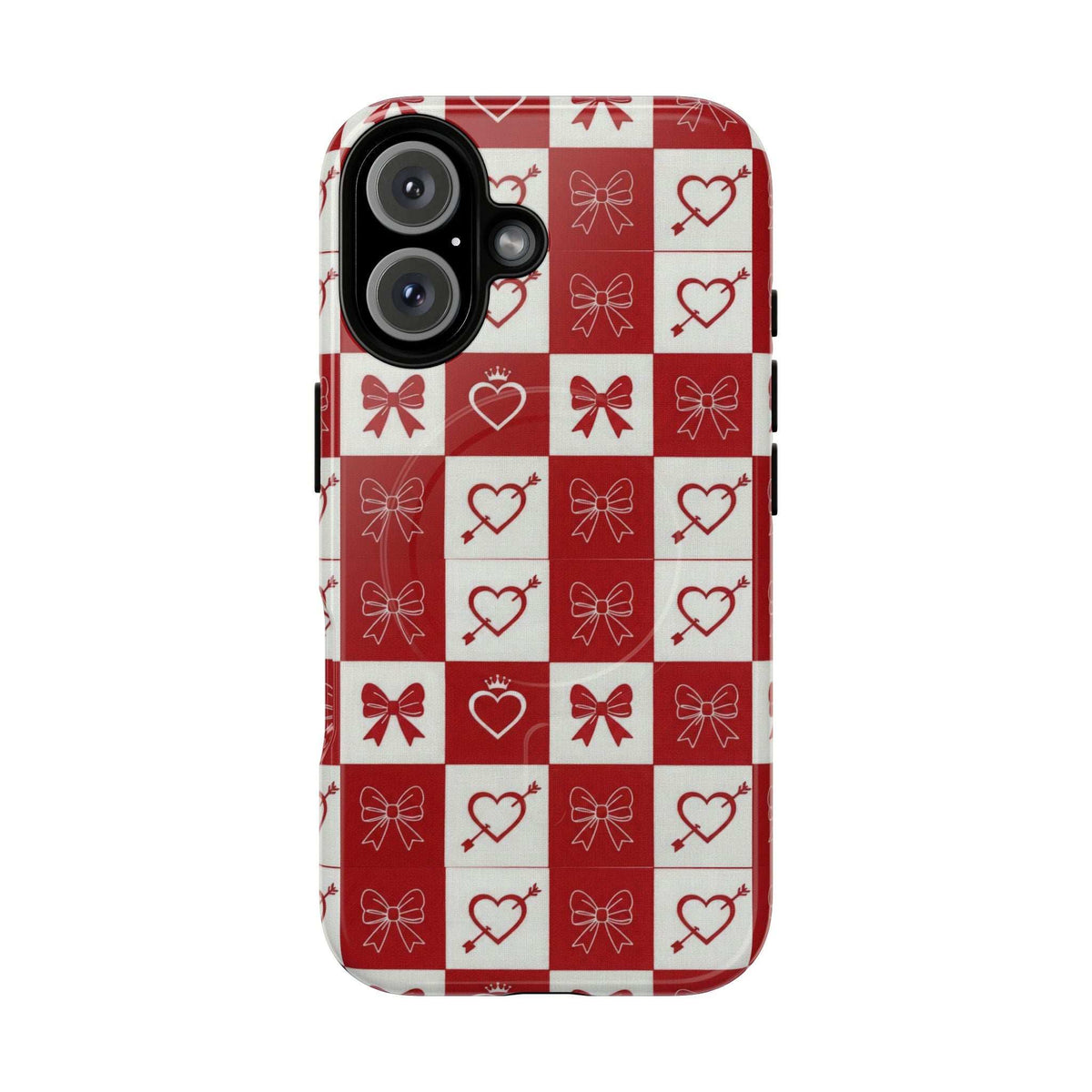 Red and white checkered phone case with hearts and bows, triple camera cutout