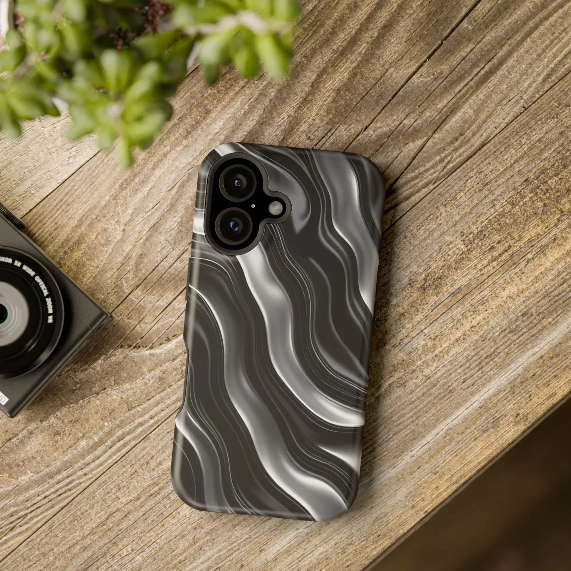 Wavy Illusion Black & Silver MagSafe® Tough Phone Case - KarArmDesign