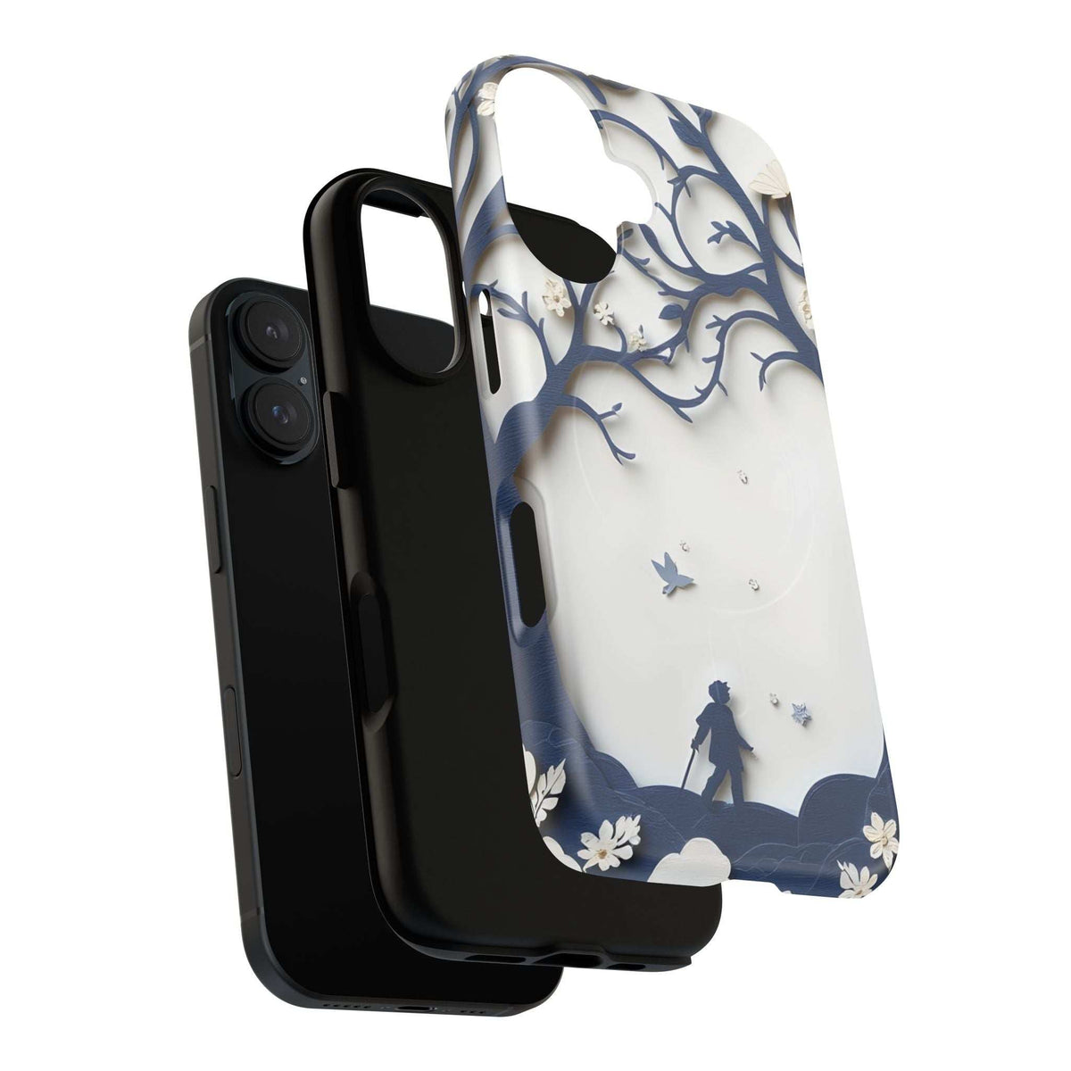 Phone case with blue tree branches and silhouetted figure on light background