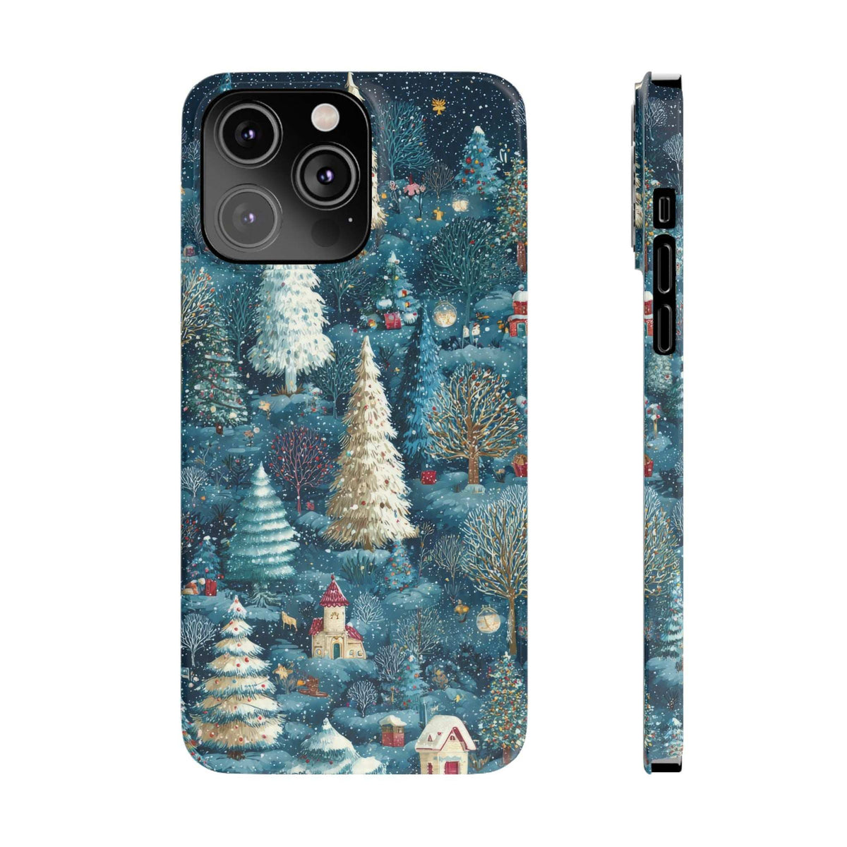 Frosty forest phone case with teal winter forest scene; back view and thin side profile